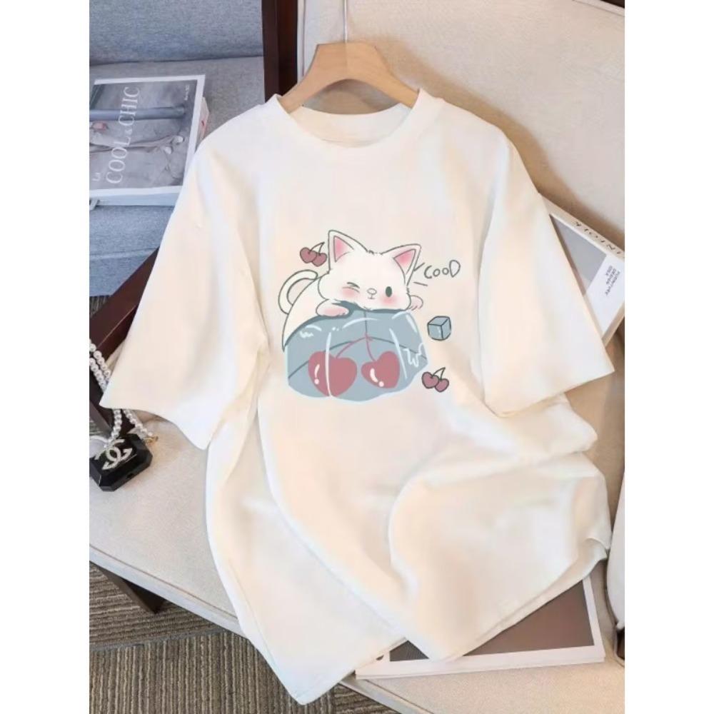 Cute White Cat Cherry Drink Print T-Shirt Unisex Crew Neck Oversized Tee Cute Anime Cat Graphic Shirt for Summer