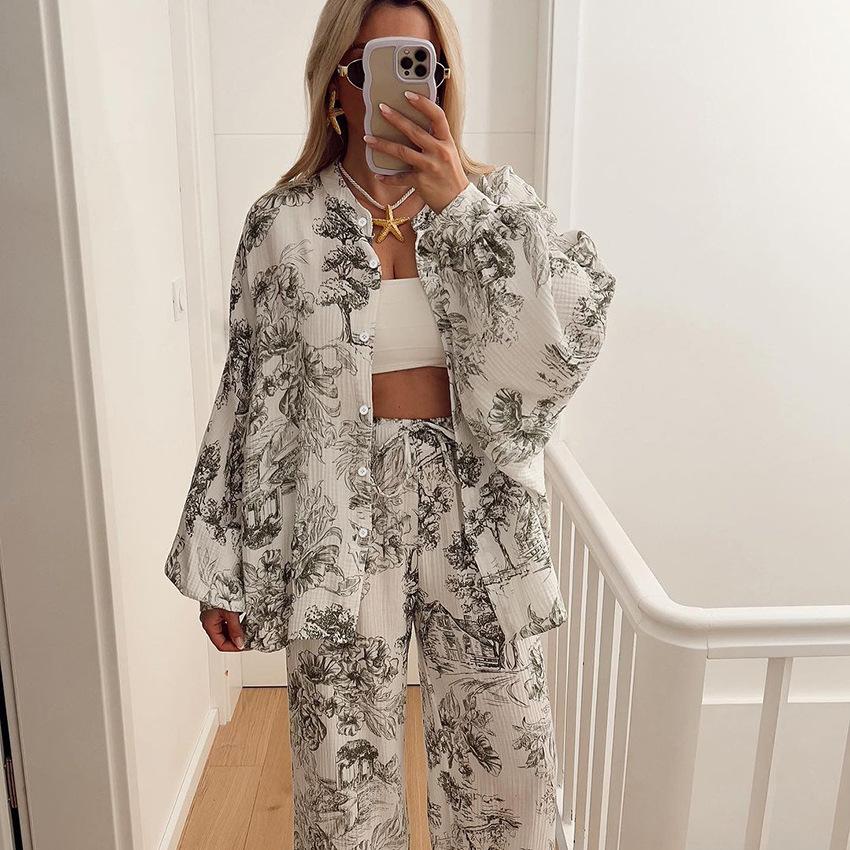 Women 2 Piece Set Tropical Print Cardigan Cami Top Wide Leg Pants Vacation Outfit