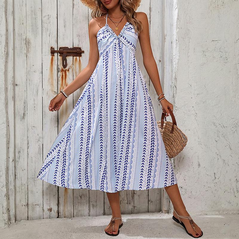 New summer neck seaside vacation geometric print dress