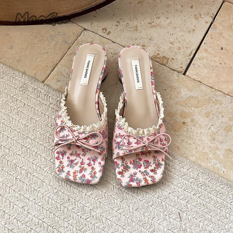 Fashion Women's Footwear Butterfly-knot Square Toe Women Slippers Elegant Thick Heel Slides Ladies Concise Beach Dress Sandalias Fashion