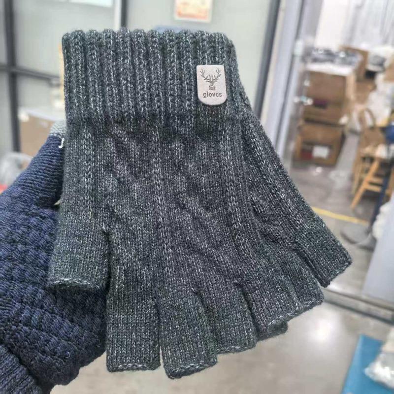 Half finger gloves autumn and winter men's thickened knitted wool half finger work students write in class to keep warm