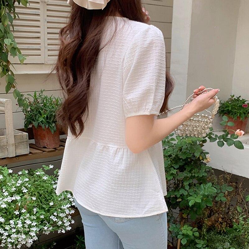 Korean Fashion Summer V Neck Blouse Women 2023 Sweet Short Sleeve Tops Elegant White Pleated Casual Loose Ruffles Shirts 26954