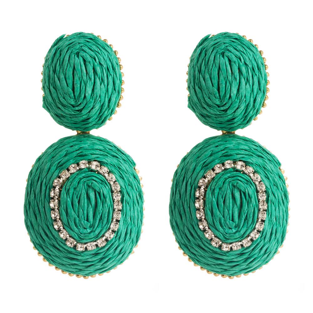Bohemian Handcrafted Geometric Raffia Earrings with Colorful Inlaid Diamonds