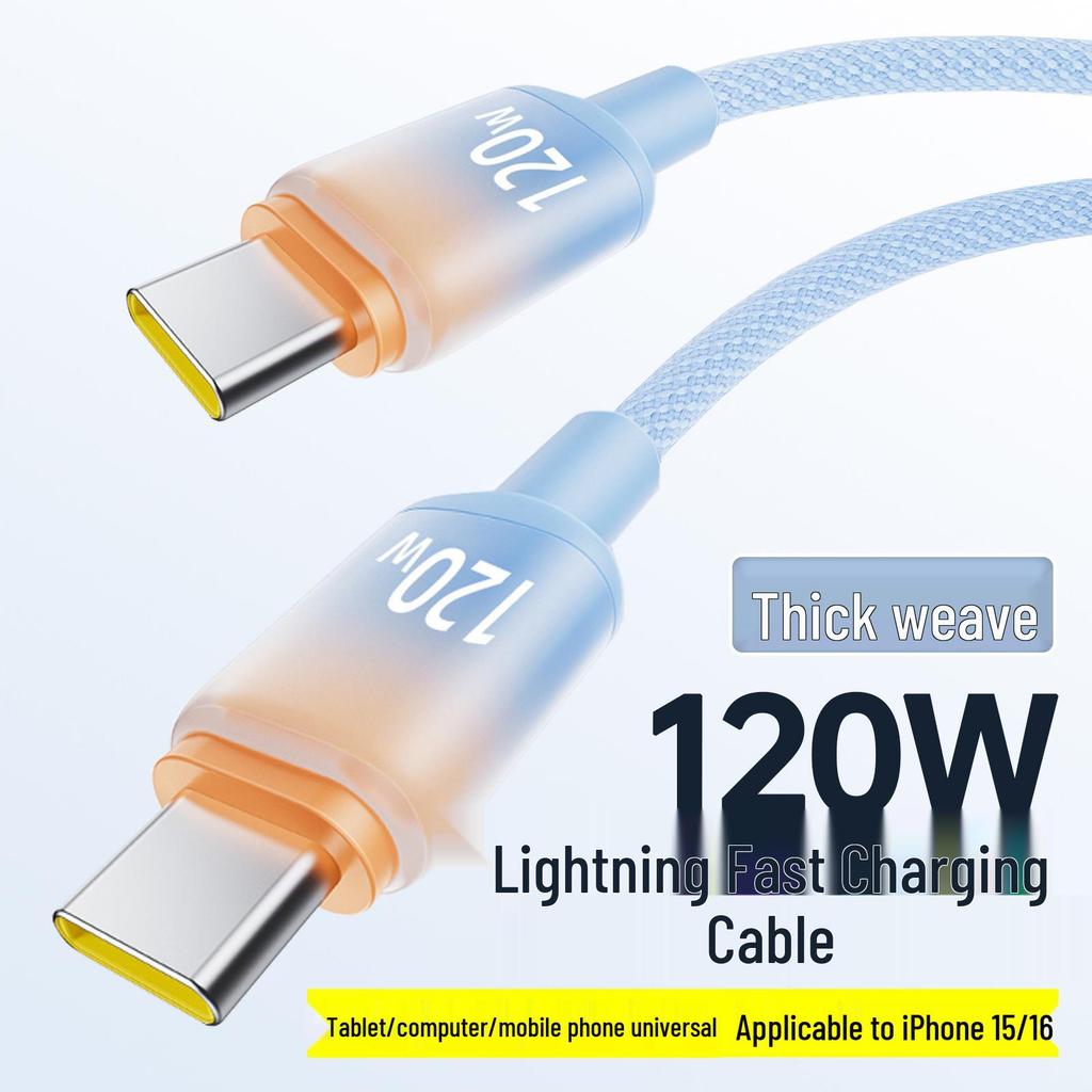 120W Dual Type-C Fast Charging Cable 6A for Apple 15/16, Huawei Laptops, and Mobile Phones