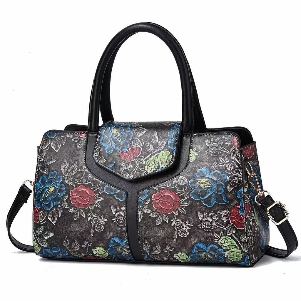 Shoulder Tote Bag for Women Retro Flower Pattern Satchel PU Crossbody Handbag