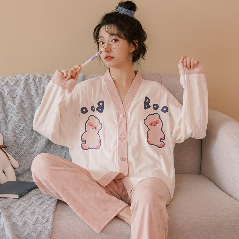 Women Pajama Long Sleeve Pants Autumn Two-Piece Set Sleepwear Female Sweet Breathable Home Clothes Student Nightwear 2511