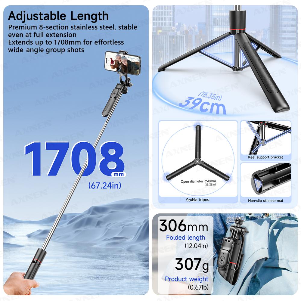 F16 Selfie Stick Tripod with 1708mm Long 8-Section Pole Bluetooth Remote 360° Rotation 1/4 Interface for Phone Camera Vlog 1