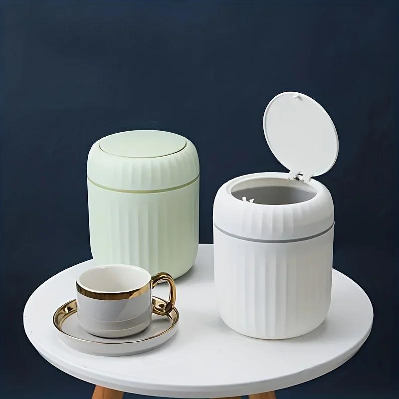 Luxury Press Top Mini Trash Can with Lid Creative Small Plastic Waste Bin for Office Living Room Bedroom Study Kitchen Desktop