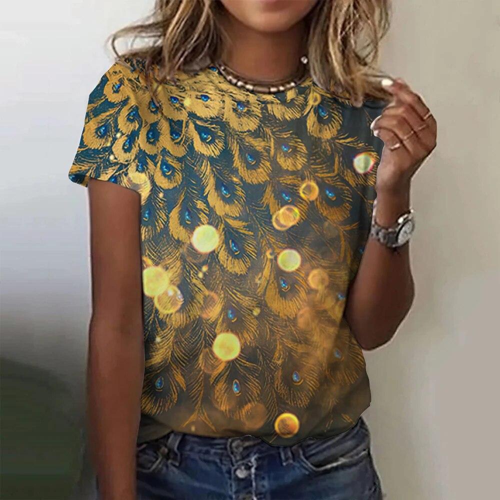 Summer casual peacock feathers 3D printed Women's short sleeved round neck T-shirt street clothing fashionable