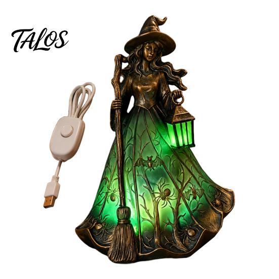 Halloween Decorative Resin Light Witch Tabletop Lamp, Gothic Night with Broom & Lantern, Table Lamp USB Powered Spooky Ambient for Mantel Shelf