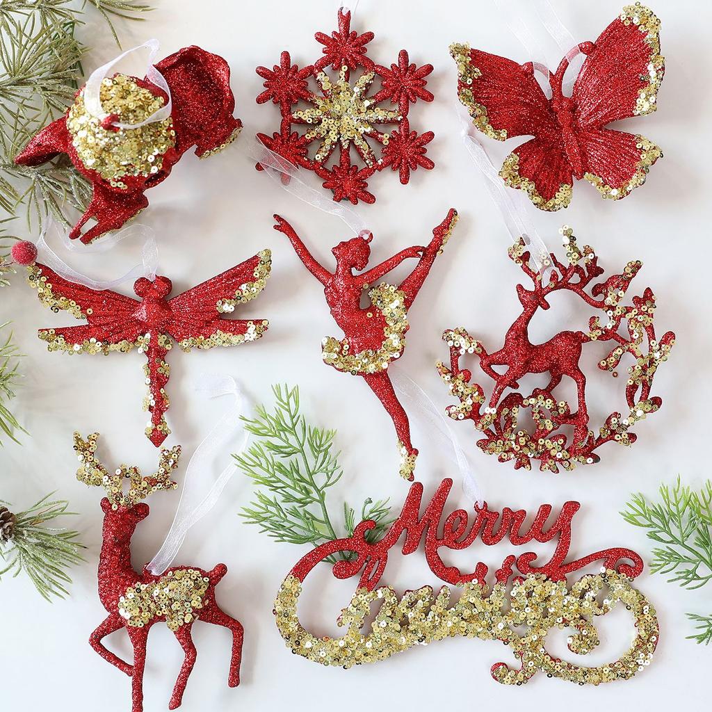 Neu 2025 Weinrot Samt Weihnachtsbaum Anhänger Kranz Schleife Elch Schneeflocke Weihnachtsdekorationen Ornamente für Zuhause