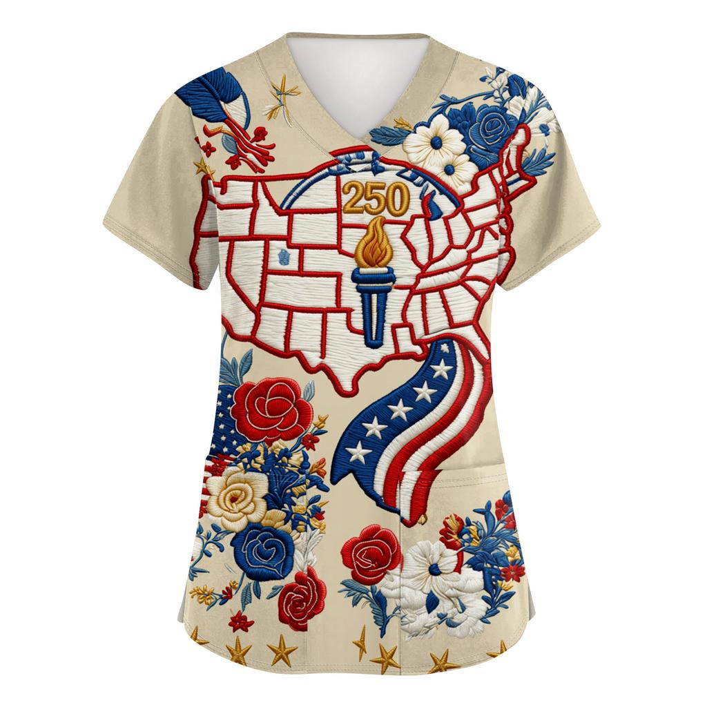 Women's Short-Sleeve Independence Day Print V-Neck Pocket Workwear Top