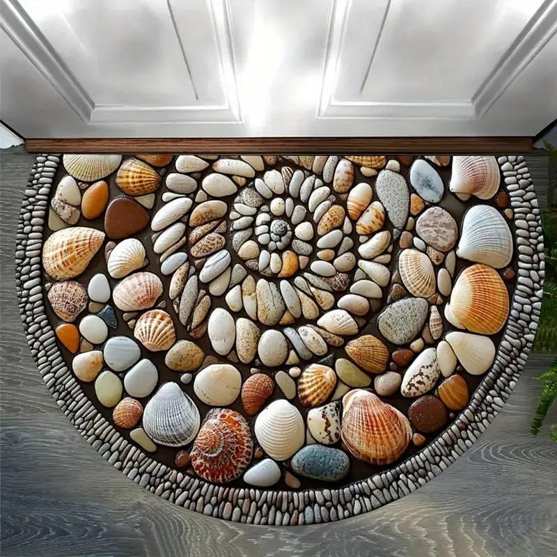 Retro Pebble Semi-circular Floor Mat, Entrance Foyer Carpet, Dirt-resistant and Easy-to-maintain Crystal Velvet Floor Mat