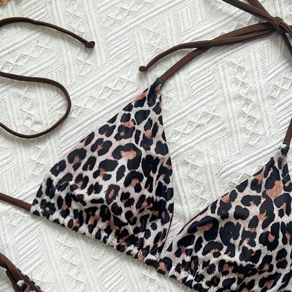 European & American Cross-Border Leopard Print Backless Bandage Bikini for Women