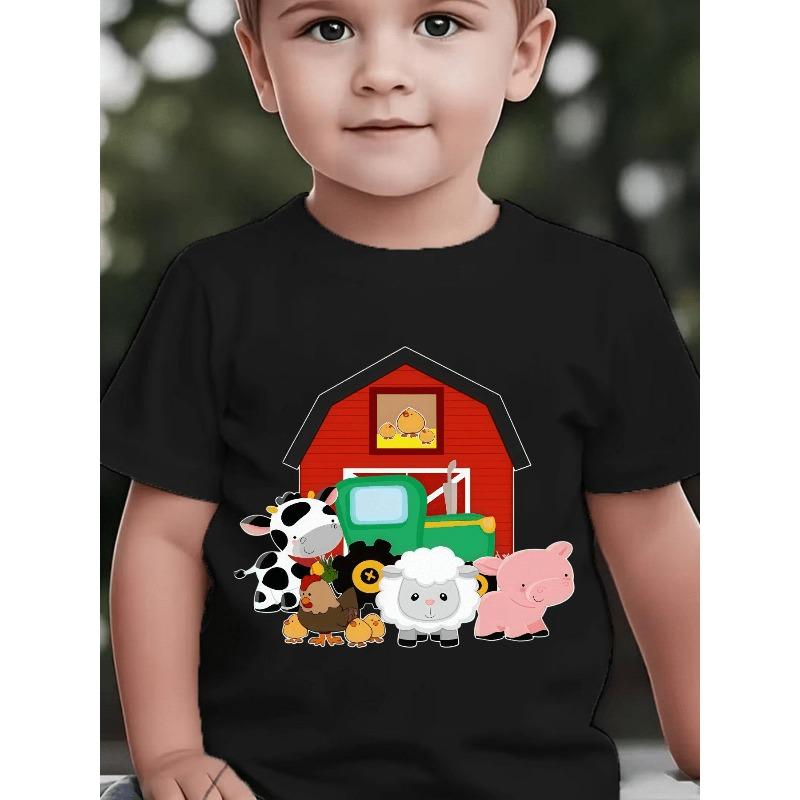 Boys Farm Animals & Tractor Print Crewneck All Season Casual Short Sleeve T-Shirt