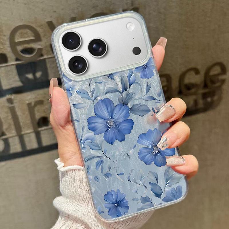 Blue Flowers Pattern Laser Phone Case For iPhone Air 17 16 15 14 13 15 Pro Max 16 15 Plus 13 17 Pro  Shockproof Hard Cover Funda
