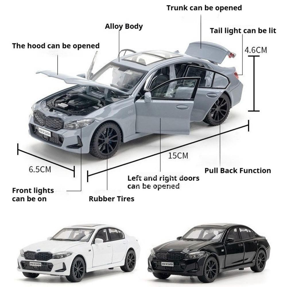 1:32 BMW M8 GTE 320I Car Model Toy Door Opened Sound Light Pull Back Alloy Body Rubber Tires Racing Cars Boy Collection Gift
