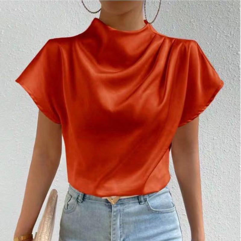 New Summer Round Neck Short Sleeve Pleated Casual Shirt for Women Fashion Elegant Tops Slim Fit Solid Loose Women Blouses Simple Ladies Shirts 26524
