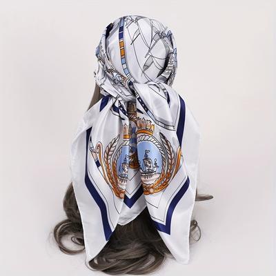 35.43inch Vintage Print Satin Large Square Scarf Women's High-End Shawl Wrap for Banquet Sailboat Carriage Chain Pattern