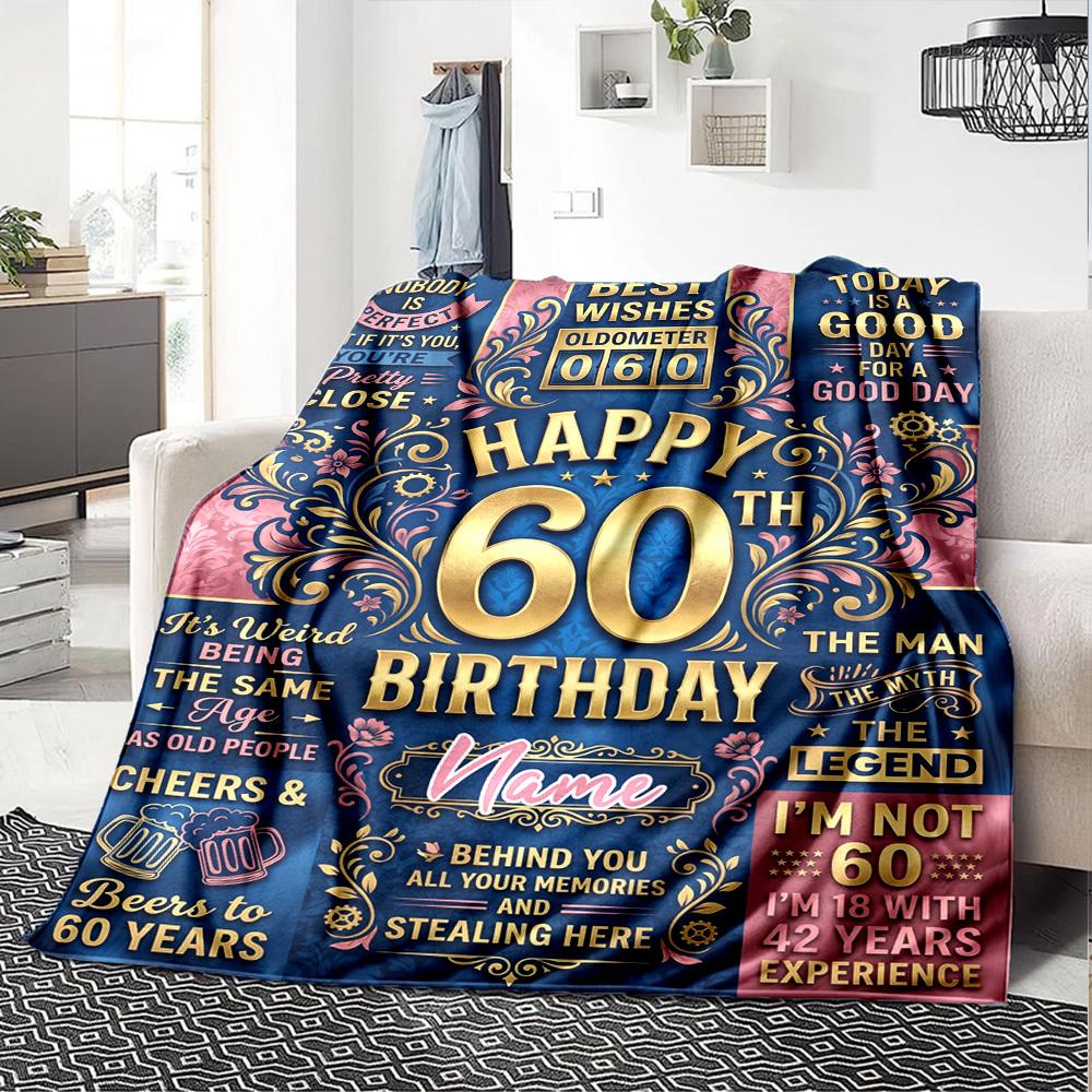 Happy 60Th Birthday Celebration Blanket Personalized Name Soft Warm And Versatile For Sofa Bed Office And Travel Machine Washable Comfortable In All