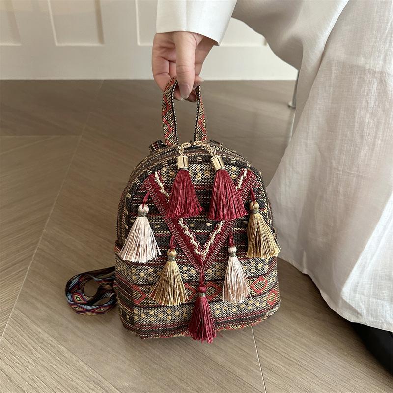 Schoolbag Spring Bag Women's New Backpack Tassel Weaving Ethnic Style Personalized Small Backpack Xiaohongshu Fast Shake Live Stream