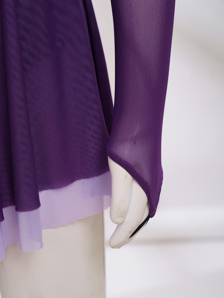 Kids Girls Color Block Dance Dress Glittery Rhinestone Sheer Mesh Long Sleeve Keyhole Back Figure Skating Dresses