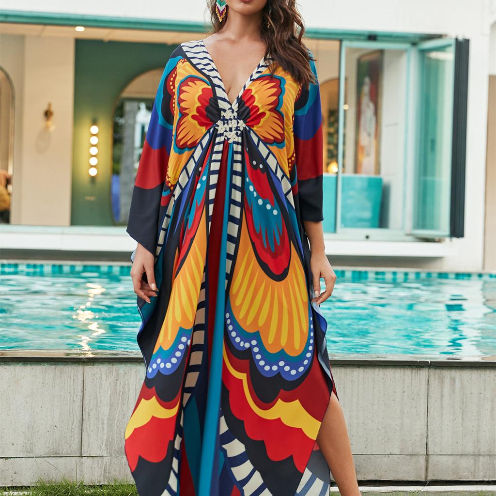 YYFS Damenmode Urlaub Sommer Frühling Mehrfarbig Schmetterlingsdruck Langarm V-Ausschnitt Freizeitkleider