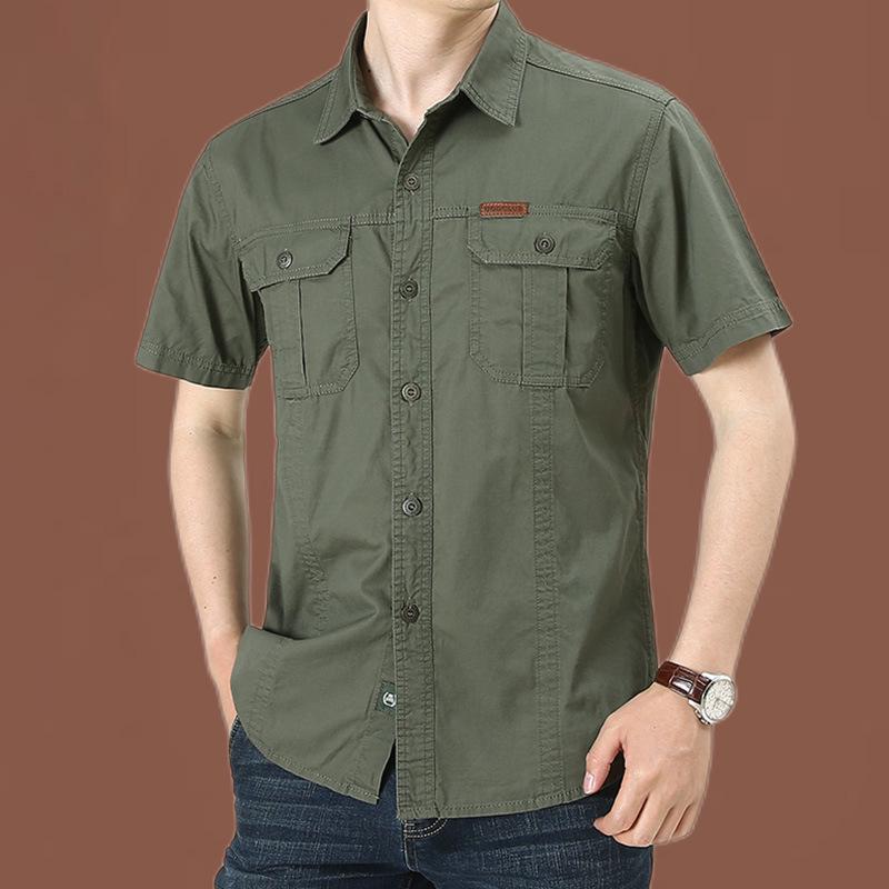 Men's Summer Military-Style Cotton Short-Sleeve Shirt - Casual, Lightweight, Multi-Pocket, Plus Size Workwear