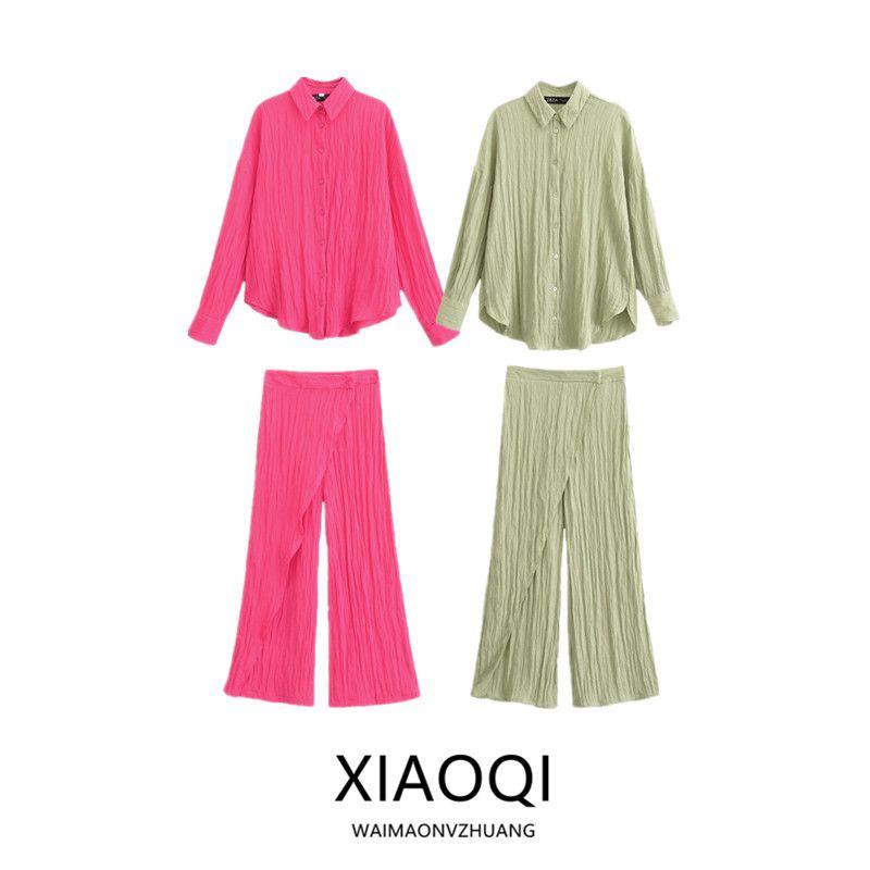 Fashion Style 2024 Summer New Arrival Women's Wrinkle Effect Shirt High Waist Wrapping Towel Style Pants 8741128
