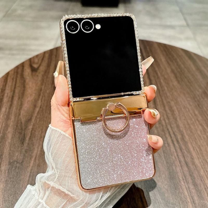 Star Goddess Glitter Diamond Ring Phone Case for Samsung Galaxy Z Flip 7 6 5 4 3 ZFlip7FE ZFlip6 5G Luxury 3-Piece Set Cover