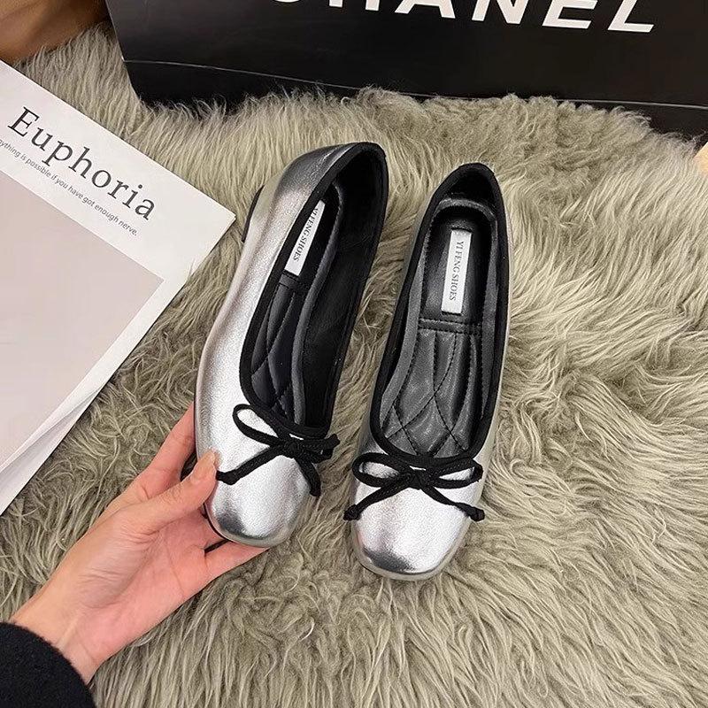 

Height increase 5cm sweet bow square head ballet shoes for women s outer wear 25 spring new versatile and not tired feet small single shoes 39 серебряный