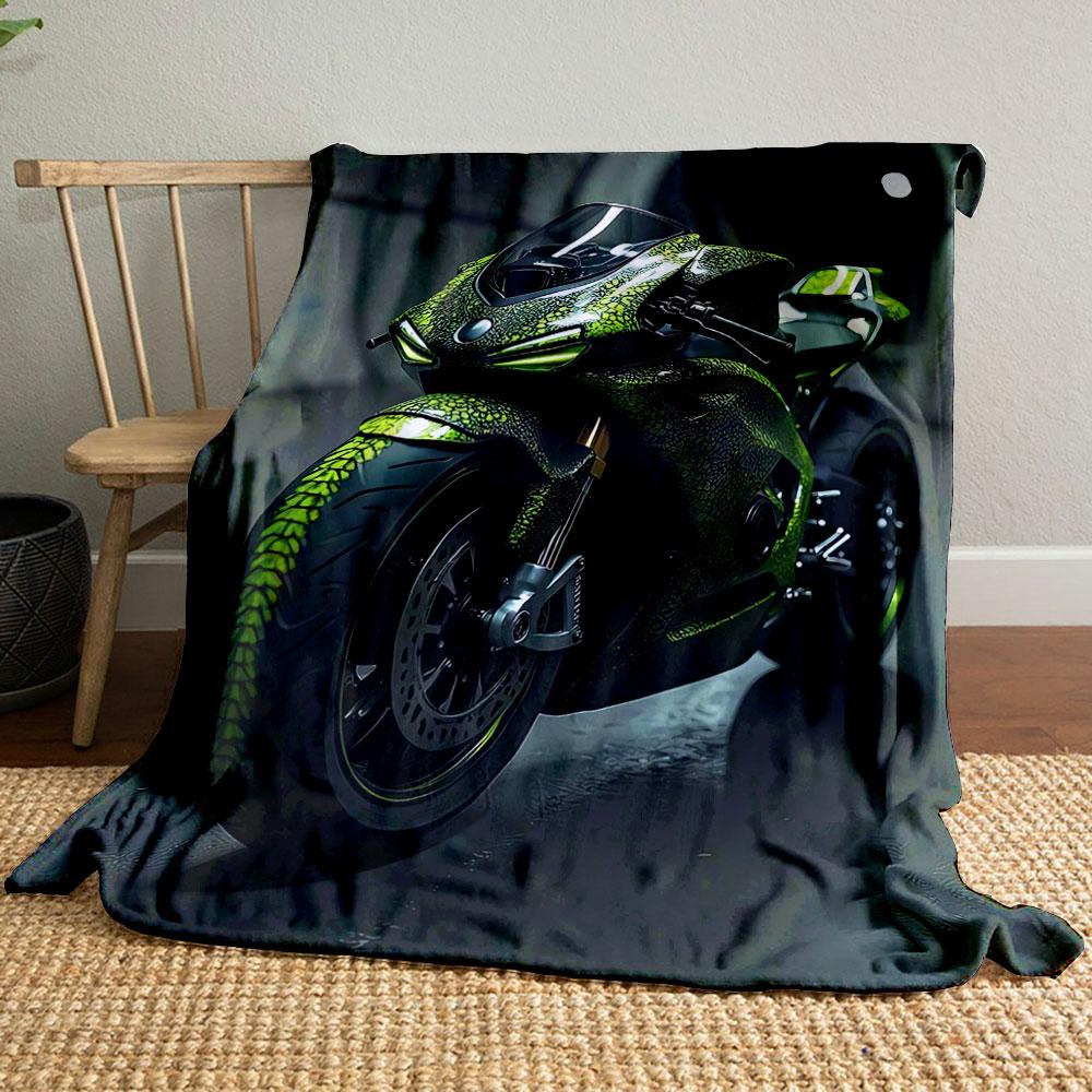 Green Reptile-scale Pattern with Glowing Accents On a Sporty Motorcycle. for All Seasons Blanket Lunch Break Throw Gift
