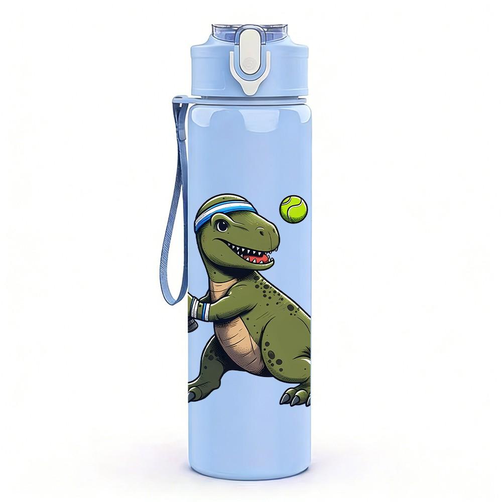 1PC Dinosaur Playing Tennis Funny Print 750ml Color Plastic Sports Water Bottle Leakproof Flip Straw Lid Suitable for Sports Office Home Use