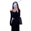 French Black Off-the-shoulder V-neck Long-sleeved Dress, Autumn Dress for Women, Small Man with Waist Temperament, Waist-exposed, Bottom-up Dress