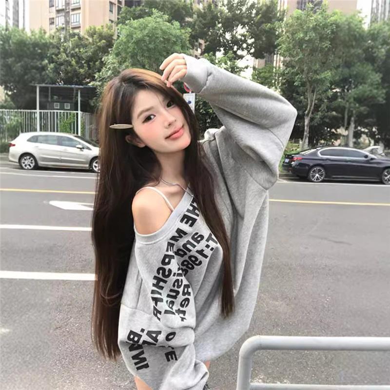 Women s Cold Shoulder Hoodie Letter Print Loose Casual Long Sleeve Top S серый