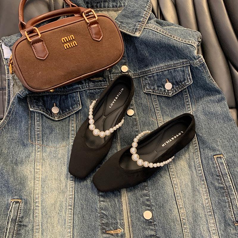 

Новые французские туфли Мэри Джейн в стиле Хепберн с жемчугом, туфли Doudou весна 2025, туфли на плоской подошве с квадратной головкой, женские стразы 40