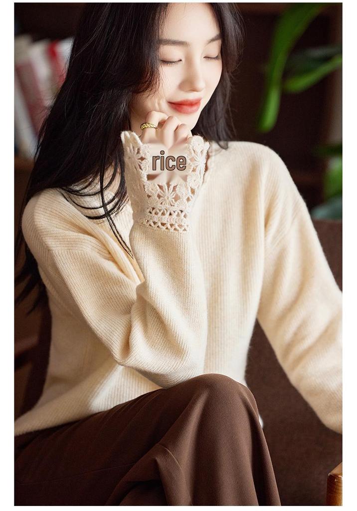 Early Autumn 100% Pure Wool Crochet Knitwear: Elegant Hollow Loose Long Sleeve Slimming Base Layer