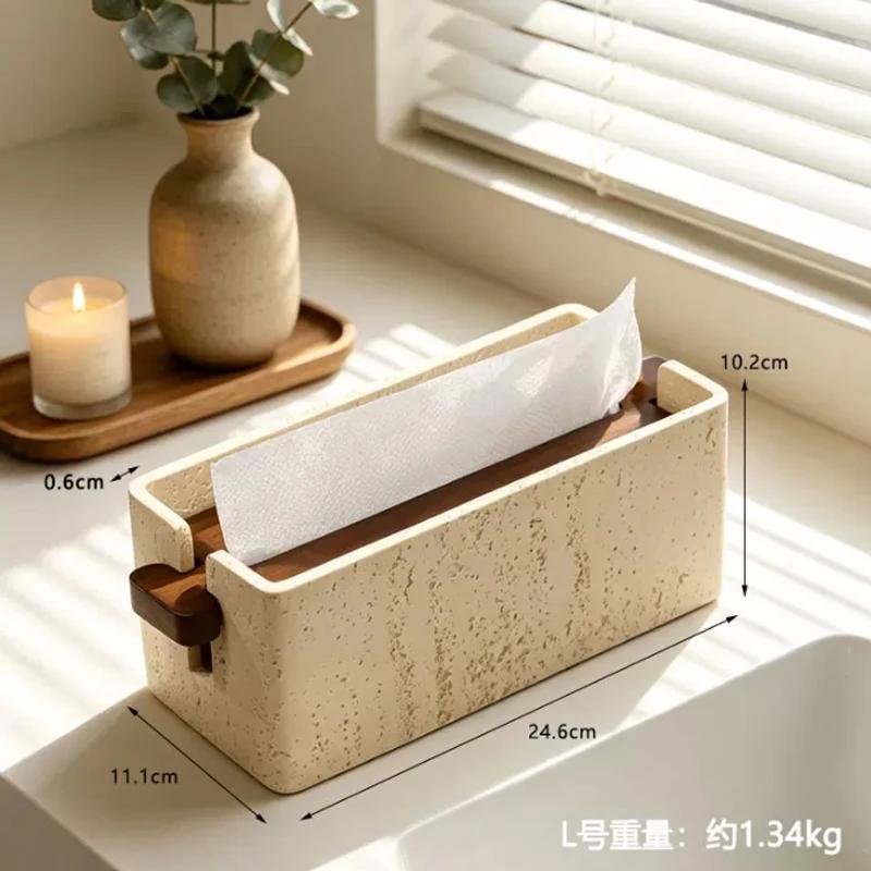 Adjustable Lifting Wood Cover Tissue Box Travertine Texture Napkin Holder Simple Desktop Tissue Box Home Bathroom Living Room