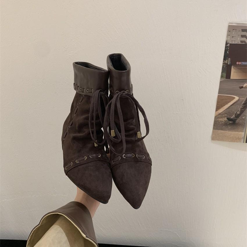 Inner heightening retro suede pile western cowboy short boots women's boots new spring and autumn pointed thin boots