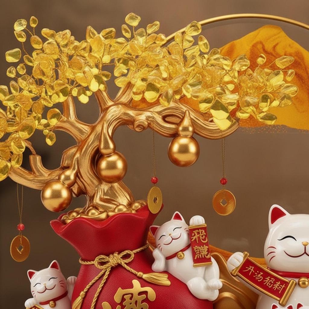 Wealth Tree Ornament with Auspicious Cat Traditional Maneki-Neko Display Festive