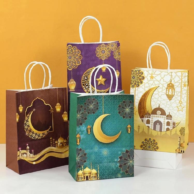 12pcs Paper Gift Pouches Muslims Ramadans Festival Candy Food Packings Handbags