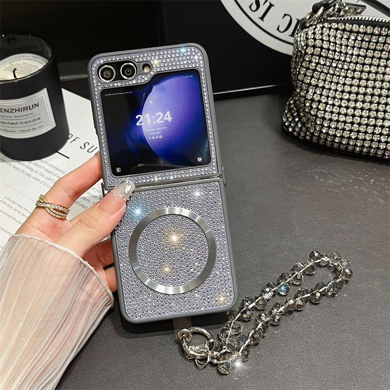 Diamond Magnetic Protective Case with Lanyard for Samsung Z Flip 6/7, Compatible with Wireless Charging