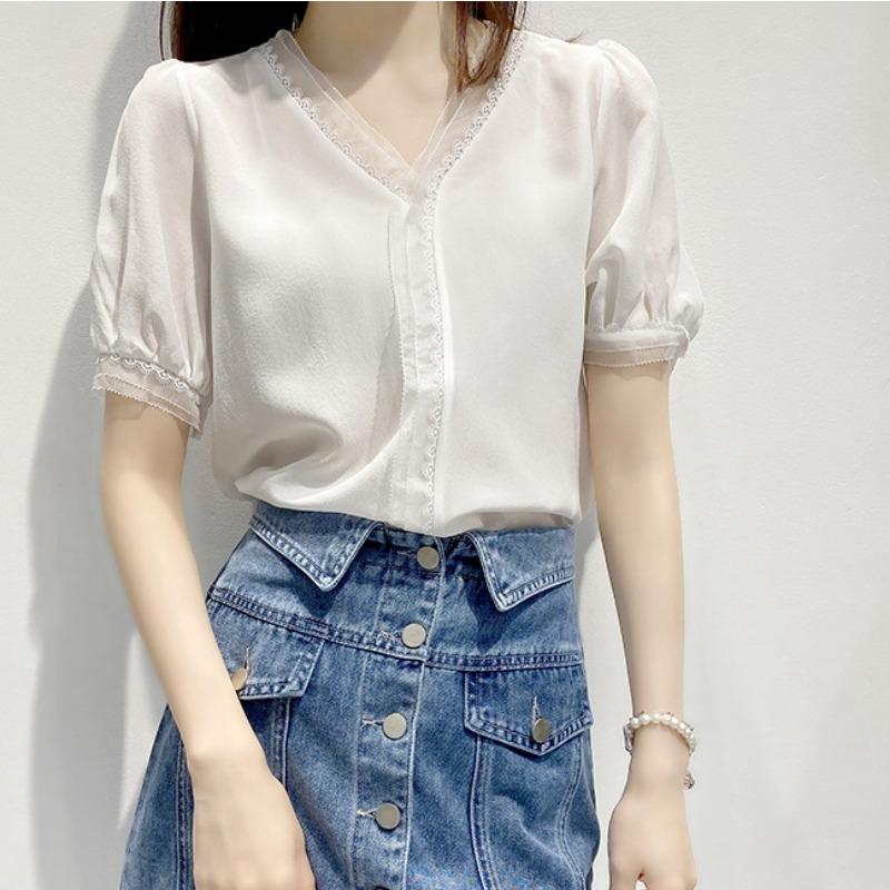 Women Black V Neck Lace Trim Puff Short Sleeve Blouse S белый