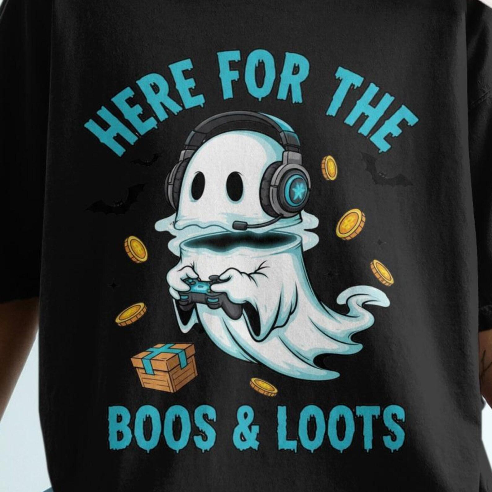 Here for the Boos and Loots T-Shirt, Ghost Gamer Tee, Funny Gaming Shirt, Halloween Gamer Gift, Gamer Girl T Shirt, Video Game Shirt S