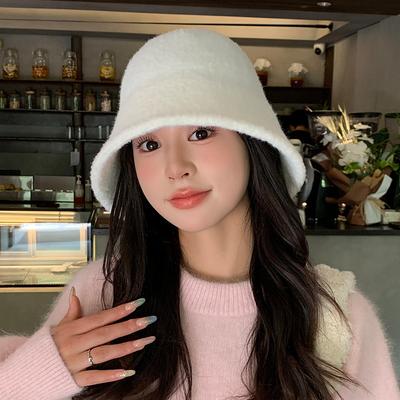 Autumn and Winter Fisherman Hat for Women Sherpa and Korean Style Warm Knitted Hat Face Showing Small Bucket Hat Plain Plush Hat