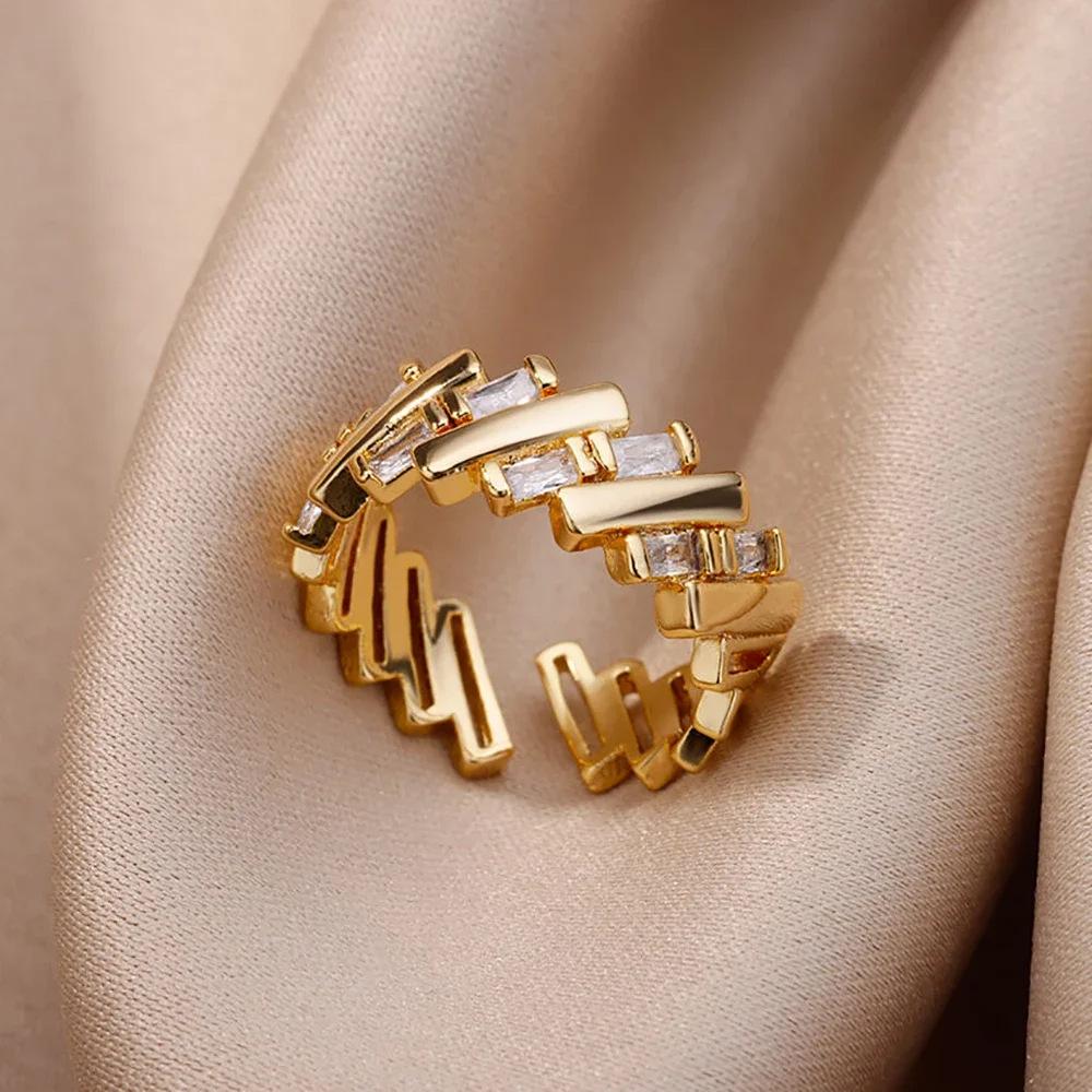 18K Gold Plated Open Ring with Zirconia Leaf Design - Luxurious, Non-Fading, Ideal for Women
