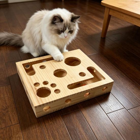 Cat Nail File Box, Wooden Cat Enrichment Box Puzzle Toy, Interactive Cat Scratcher, Nail File Toy Includes Sandpaper for Indoor