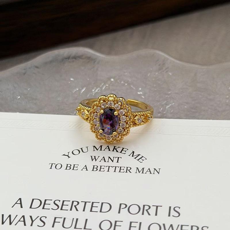 Medieval Vintage French Colored Treasure Zircon Light Luxury High-End Open Ring Niche Design Ring Woman