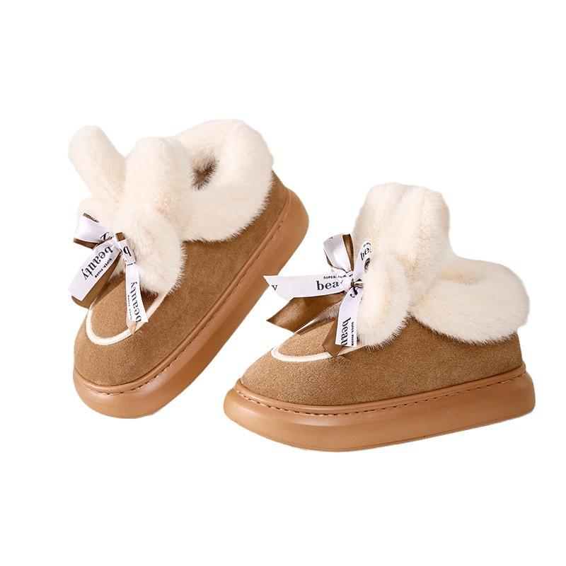 2025 new winter bag heel cotton slippers women's bow leather fleece confinement shoes thickened indoor home plush cotton shoes