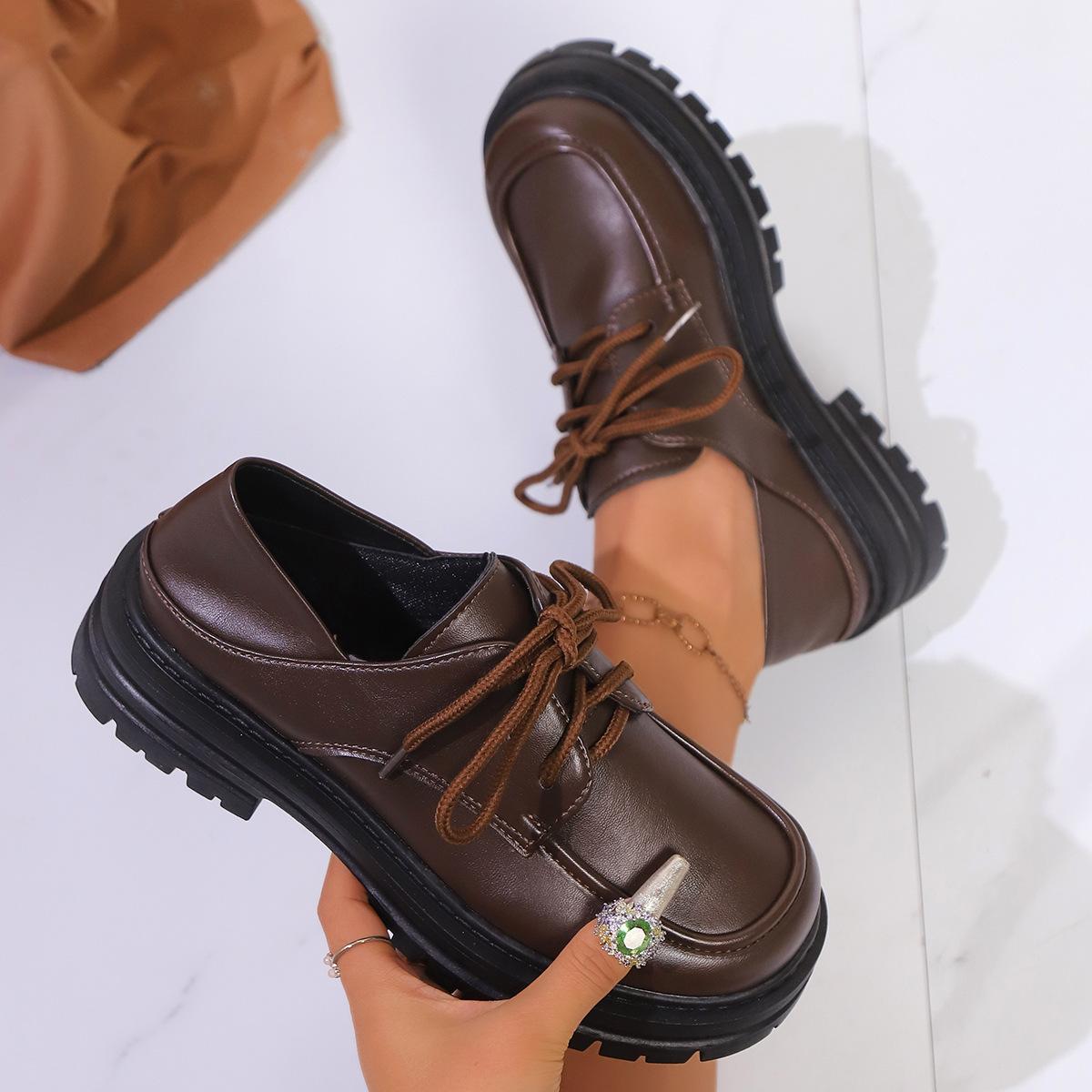 

Black British small leather shoes women s thick heel 2025 spring new one-pedal thick heel loafers round head two wear women s shoes 42 темно-коричневого